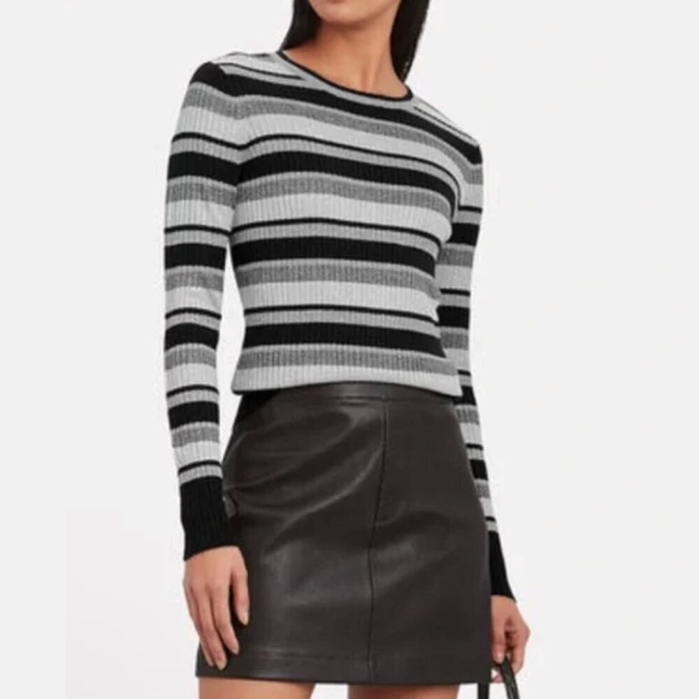Frame Panel Striped Ribbed Metallic Crew Neck Sweater In Silver Multi, Size L